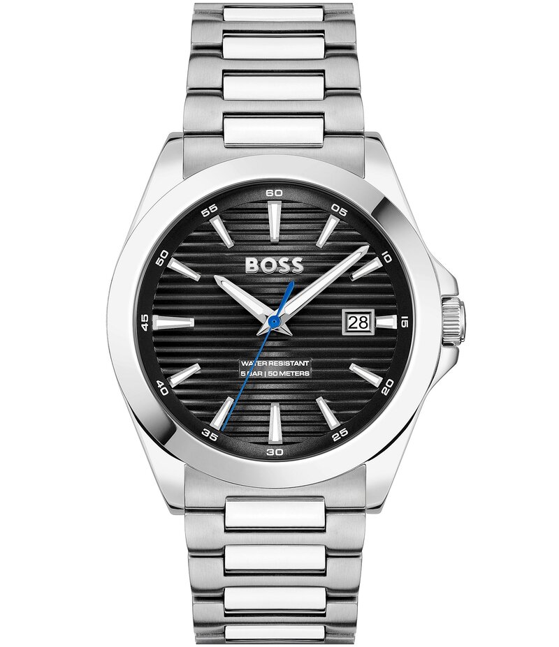 ヒューゴボス レディース アクセサリー 腕時計 Tシャツ Hugo Boss Men's Strike Quartz Analog Black Dial Stainless Steel Bracelet Watch Silver シルバー