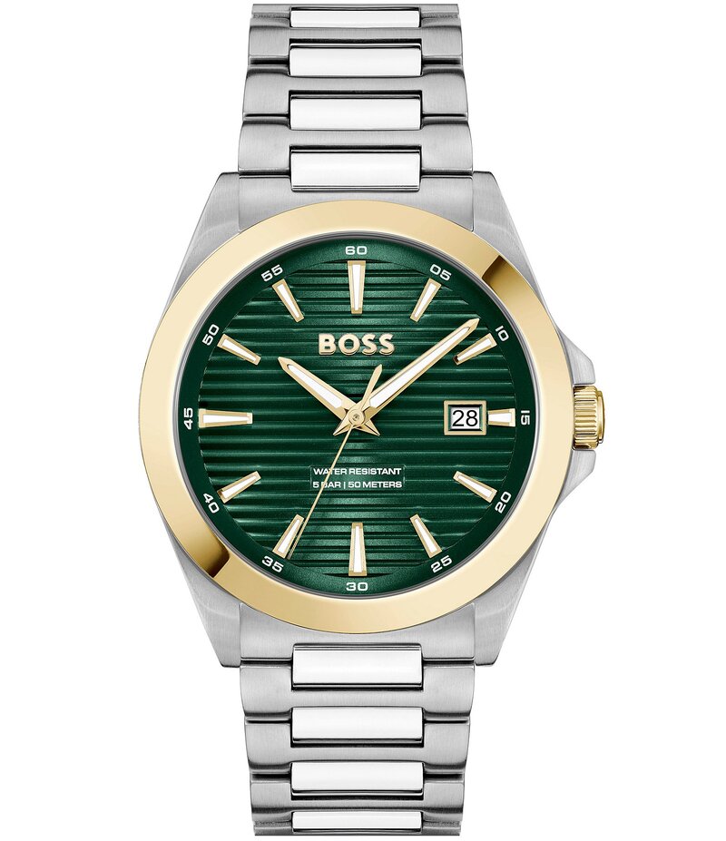 ヒューゴボス レディース 佩び物 ウォッチ プルオーバー Hugo Boss Men\u0027s Strike Quartz Analog Green Dial Stainless Steel Bracelet Watch Silver しろがね色