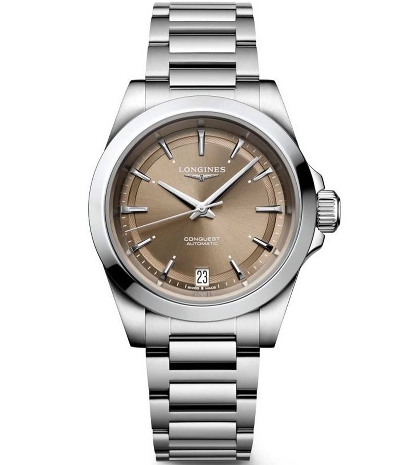 ロンジン レディース アクセサリー 腕時計 Tシャツ Longines Women's Brown Dial Conquest Collection Automatic Stainless Steel Bracelet Watch Silver シルバー