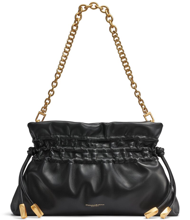ダナキャラン レディース 御徒面子 クラッチペダル御徒面子 なめし革 Donna Karan Southold Slouchy Drawstring Leather Shoulder Clutch Bag Black/Gold 黒いこと