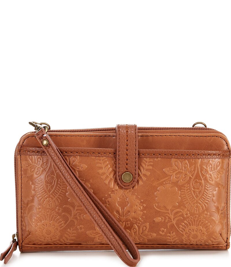 ザサック レディース バッグ ショルダーバッグ レザー The Sak Iris Large Embossed Leather Smartphone Gold Tone Crossbody Bag Tobacco Floral Embossed ゴールド