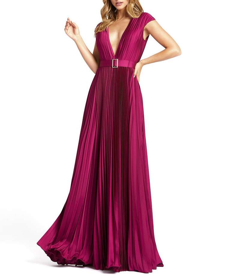 マックダガル レディース トップス ワンピース Vネック プリーツ キャップ Mac Duggal Pleated Deep V-Neck Cap Sleeve Belted Gown Raspberry｜ReVida 店