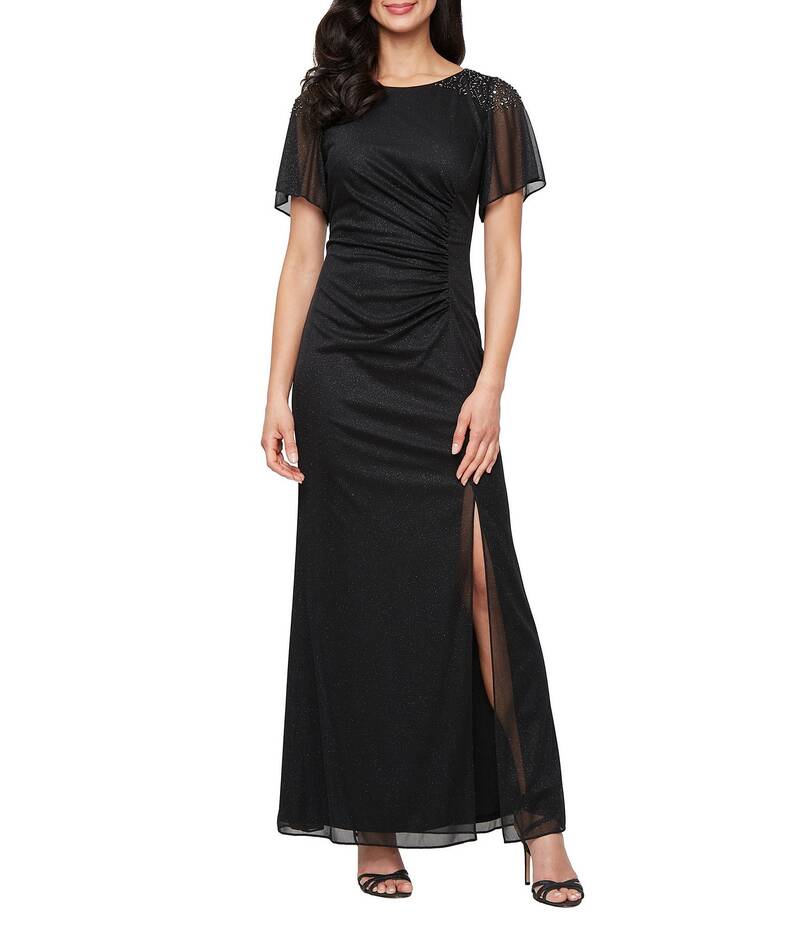 イグナイト レディース トップス ワンピース フロントスリット プチ ジャージー Ignite Evenings Petite Size Short Sleeve Boat Neck Front Slit Glitter Jersey Dress Black ブラック｜ReVida 店