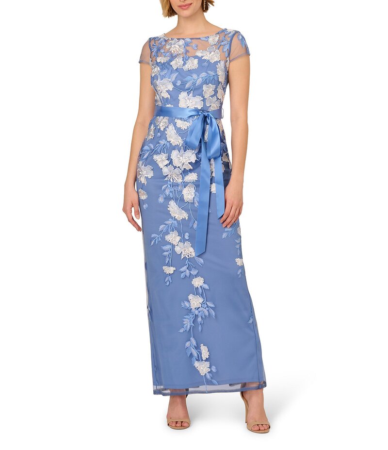 アドリアナ パペル レディース トップス ワンピース フラワー柄 フラワー Adrianna Papell Cascading Floral Embroidery Illusion Boat Neck Short Sleeve Gown French Blue ブルー|ReVida 店