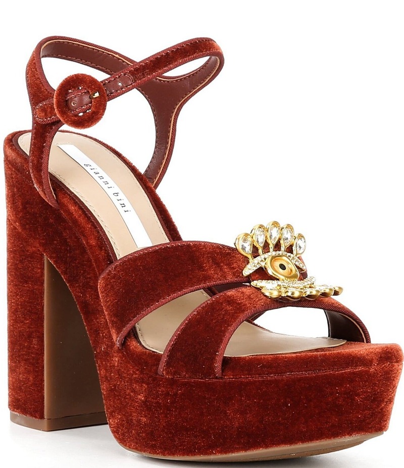ジャンビニ レディース シューズ サンダル プラットホーム 天鵞絨 Gianni Bini Beaux Velvet Whimsical Mismatch Ornament Platform Dress Sandals Autumn Orange オレンジ色