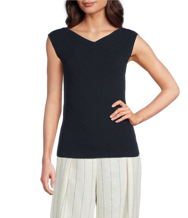 ヒューゴボス レディース トップス シャツ Vネック リブ ノースリーブ ニット BOSS by Hugo Boss Faitini Ribbed Knit V-Neck Sleeveless Top Sky Captain