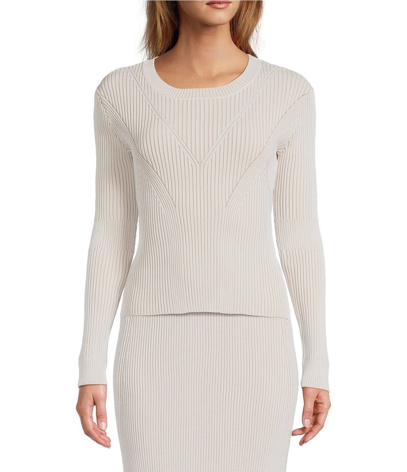 イロ レディース トップス シャツ クルーネック リブ ニット IRO Cleona Ribbed Knit Crew Neck Long Sleeve Coordinating Top White/Beige ホワイト