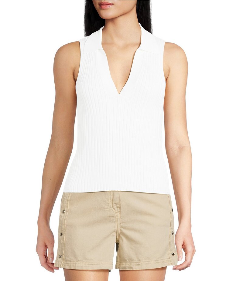イロ レディース トップス シャツ Vネック ポロシャツ リブ ノースリーブ ニット IRO Kenzie Ribbed Knit V-Neck Sleeveless Polo Top White ホワイト
