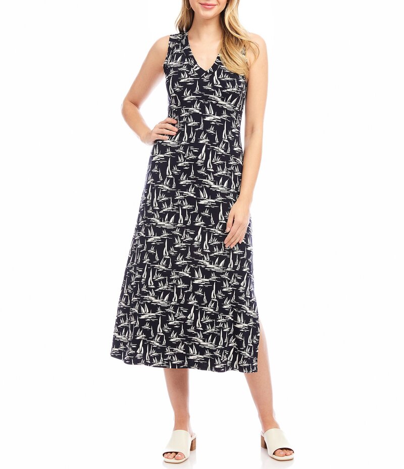 カレンケーン レディース トップス ワンピース Vネック ミディワンピース プリント ミディ ノースリーブ Karen Kane Sailboat Print V-Neck Sleeveless Midi Dress Navy Print ネイビー