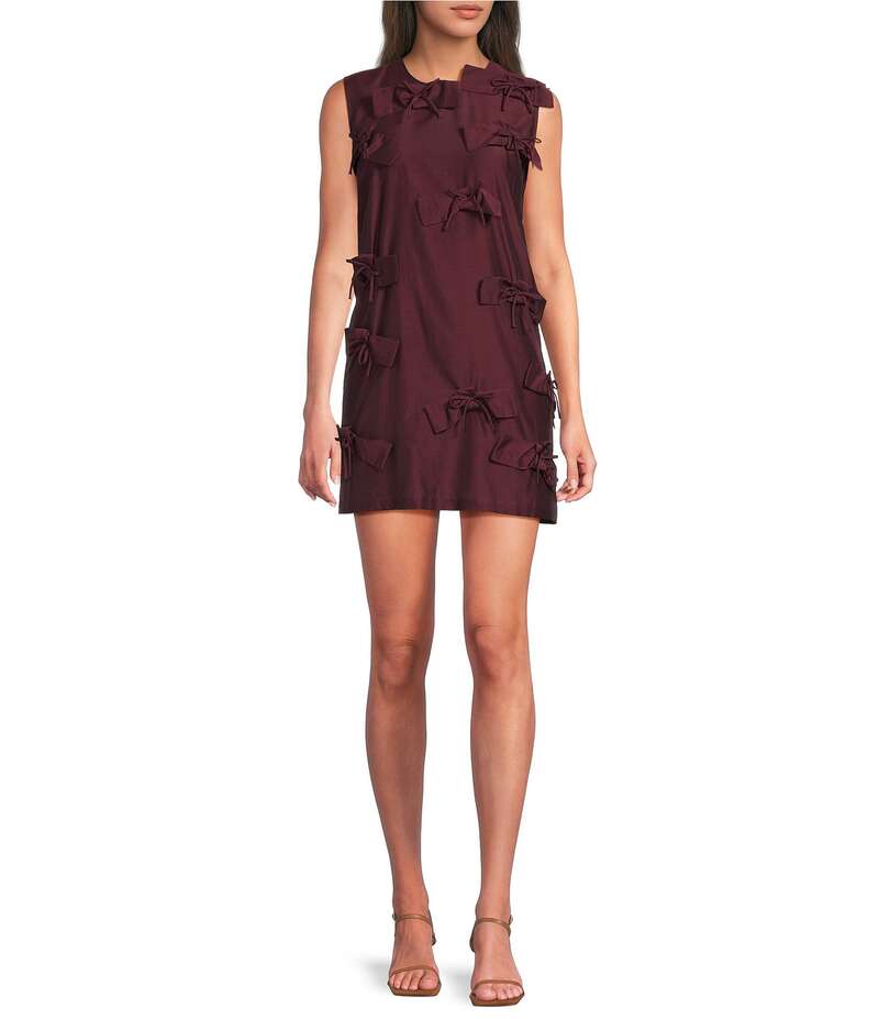 マレーラ レディース トップス ワンピース ミニワンピース ミニ シルク ノースリーブ コットン Marella Gancio Cotton Silk Voile Round Neck Sleeveless Bow Applique Mini Dress Bordeaux