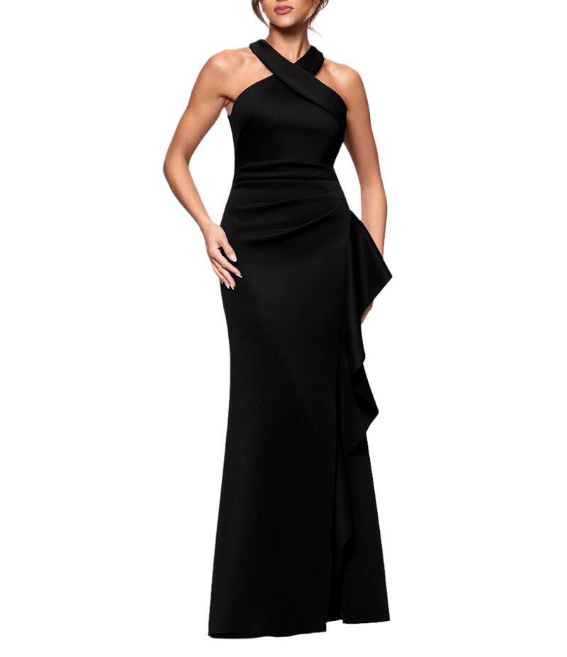 エスケープ レディース トップス ワンピース クレープ フリル スキューバ ホルター Xscape Halter Neck Scuba Crepe Side Ruffle Sheath Gown Black ブラック