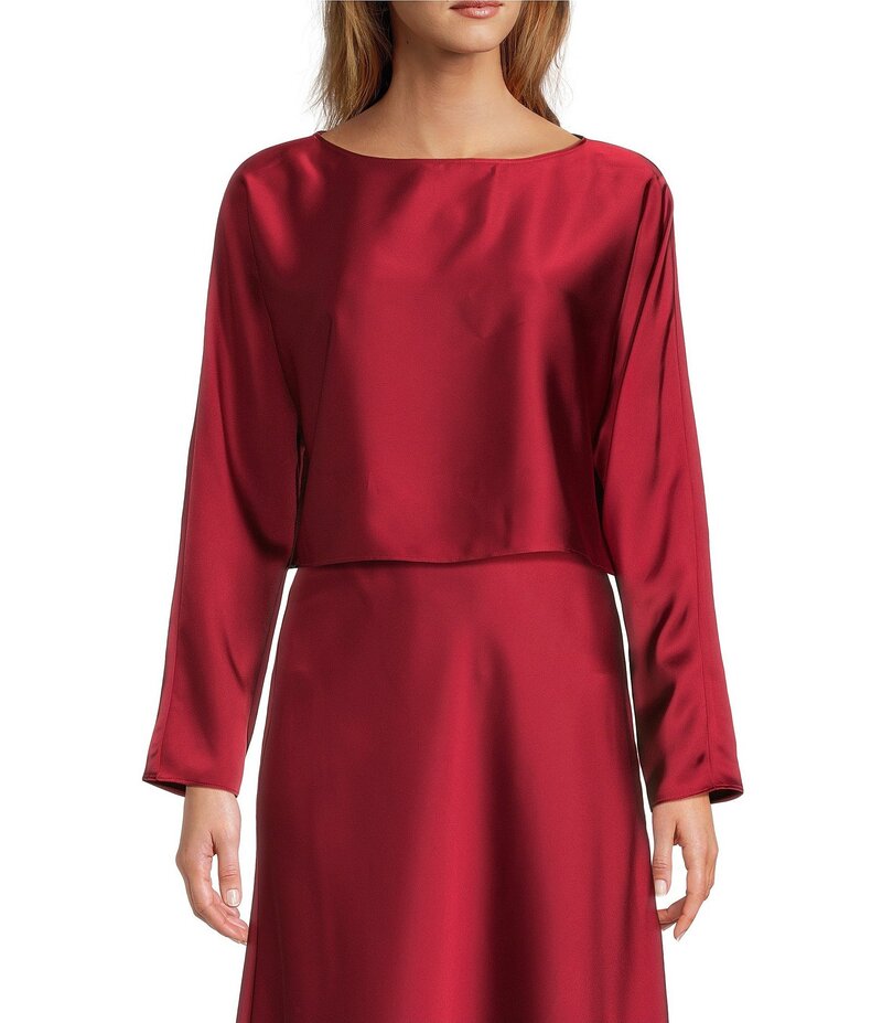 アントニオ メラーニ レディース トップス シャツ サテン ブラウス Antonio Melani Blyss Boat Neck Long Sleeve Coordinating Satin Blouse Cranberry