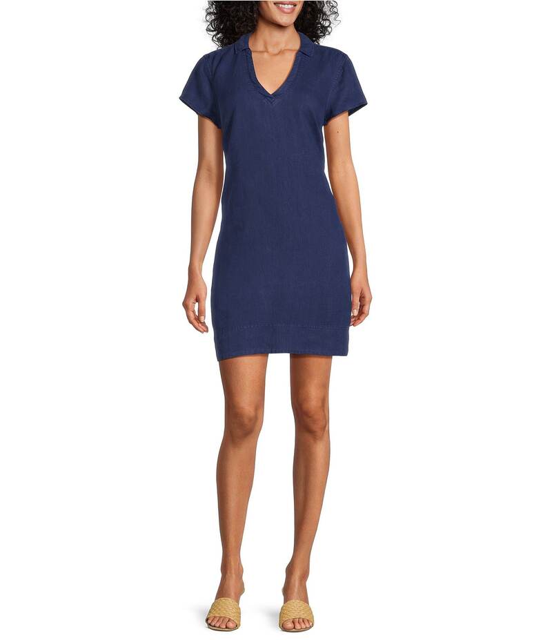 トッミーバハマ レディース トップス ワンピース シャツワンピース シャツ リネン Tommy Bahama Linen Blend Johnny Collar Short Sleeve Side Pocket Shirt Dress Island Navy ネイビー｜ReVida 店