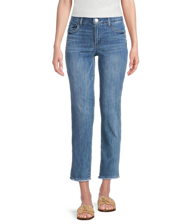 デモクラシー レディース ボトムス デニムパンツ 刺繍 アンクル ジーンズ Democracy AbsolutionR Embroidered Pocket Frayed Hem Straight Slim Leg Ankle Jeans Mid Blue ブルー|ReVida 店