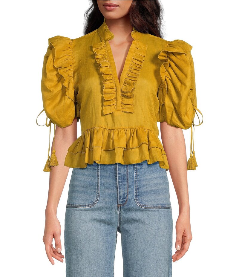 エーラブズエー レディース トップス シャツ Vネック フリル クロップド ブラウス A Loves A Woven Ruffle Split V-Neck Short Bubble Sleeve Cropped Flounce Blouse Citron|ReVida 店
