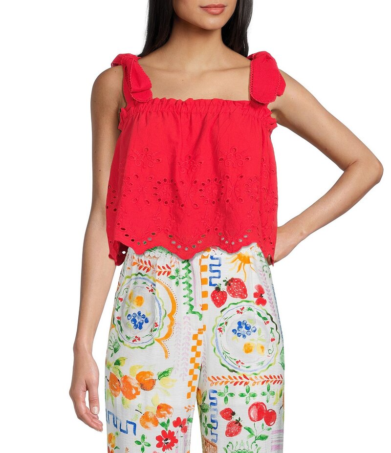 ディーエリー レディース トップス シャツ ノースリーブ Dee Elly Eyelet Scallop Sleeveless Box Top Red レッド