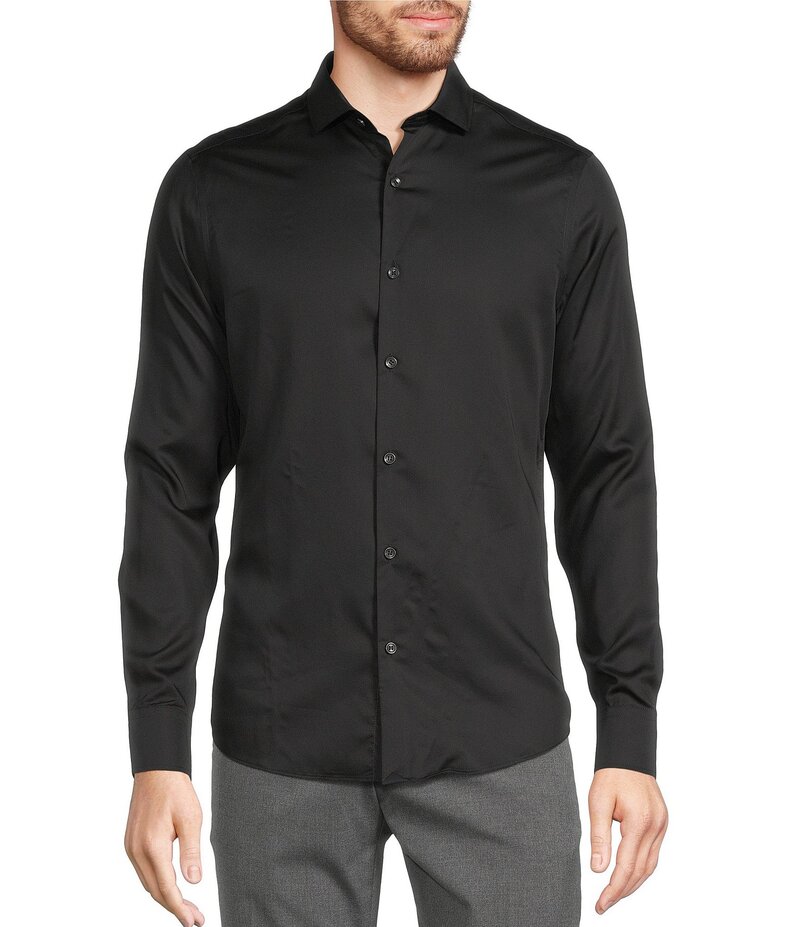 ムラノ メンズ トップス シャツ スリムフィット Tシャツ Murano Wardrobe Essentials Slim Fit Solid Sateen Long Sleeve Woven Shirt Black ブラック