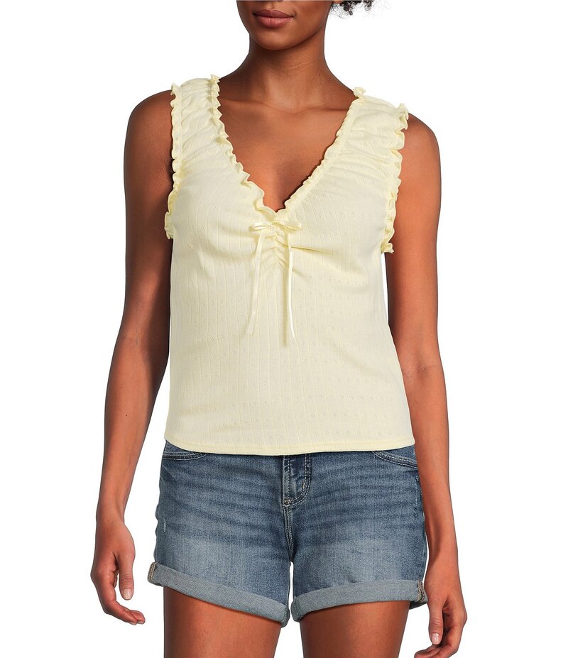 モアモア レディース トップス シャツ Vネック Moa Moa V-Neck Cinched Front Tank Top Pale Yellow イエロー