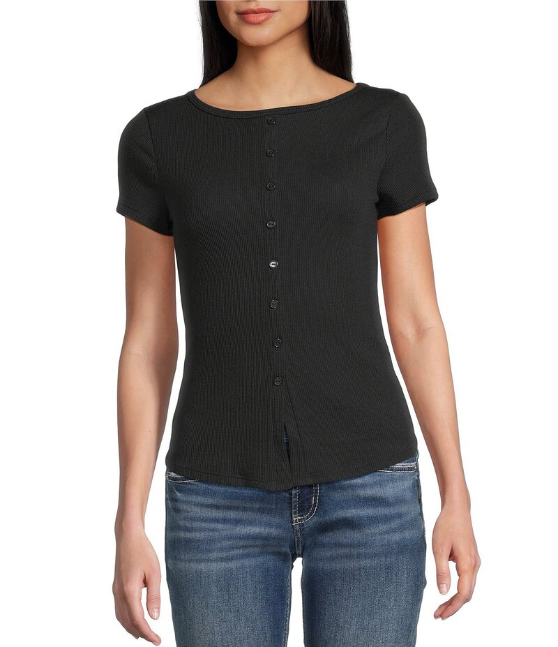 モアモア レディース トップス シャツ クルーネック Moa Moa Crewneck Neck Short Sleeve Button-Front Top Black ブラック