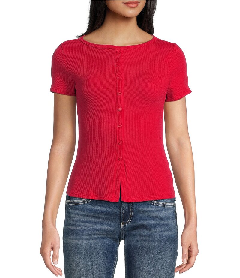 モアモア レディース トップス シャツ クルーネック Moa Moa Crewneck Neck Short Sleeve Button-Front Top Red レッド