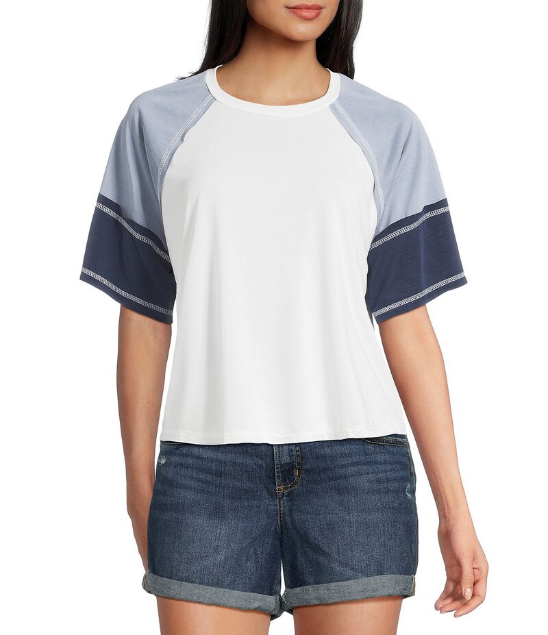 モアモア レディース トップス シャツ Tシャツ クロップド Moa Moa Short Sleeve Color Block Cropped T-Shirt Ivory/Navy アイボリー