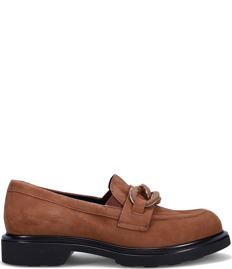 ロンホワイト レディース シューズ スリッポン・ローファー スエードクロス 置き目毛革 踵 Ron White Allison Suede Chain Pillow Comfort Block Heel Loafers Cognac