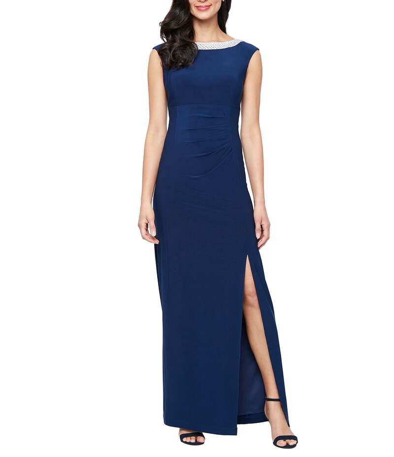 アレックスイブニングス レディース トップス ワンピース クルーネック フロントスリット ノースリーブ Alex Evenings Sleeveless Embellished Crew Neck Front Slit Gown Cobalt コバルト