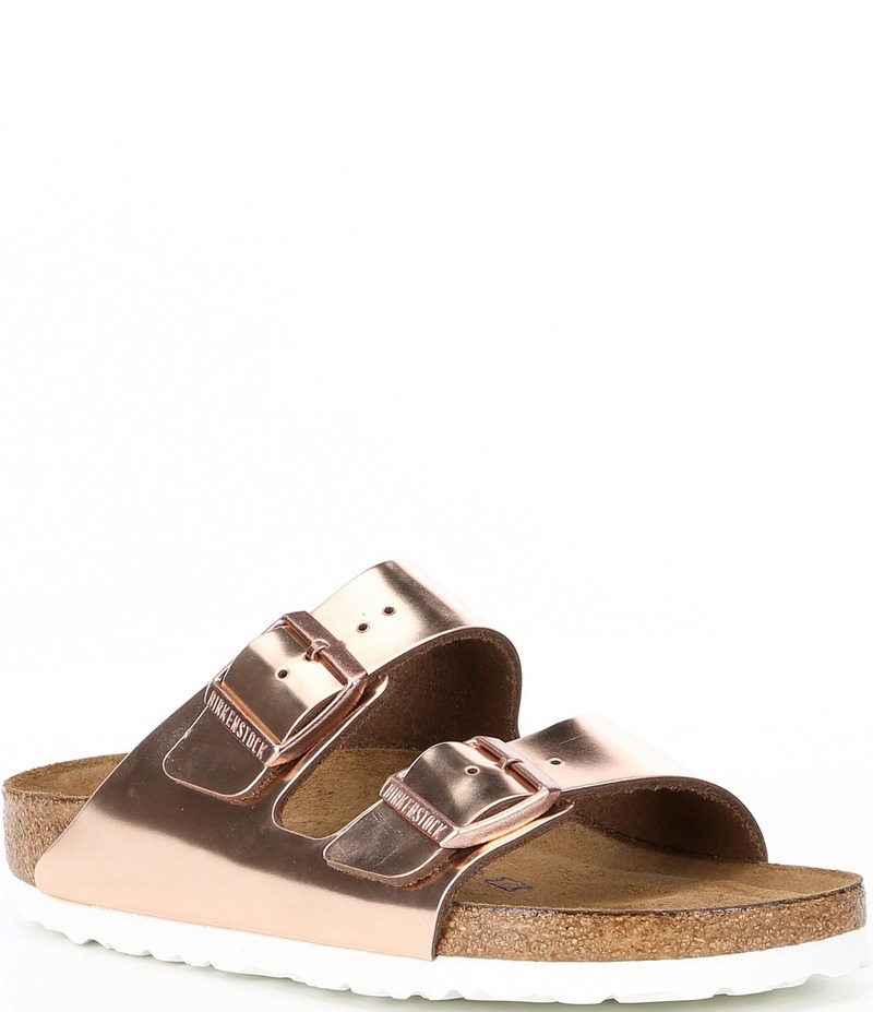 ビルケンシュトック レディース シューズ パンプス サンダル トール Birkenstock Women\u0027s Arizona Soft Footbed Banded Buckle Metallic Slide Sandals Copper メタリック