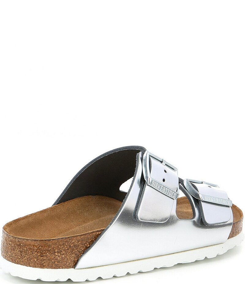 ビルケンシュトック レディース シューズ パンプス サンダル トール Birkenstock Women\u0027s Arizona Soft Footbed Banded Buckle Metallic Slide Sandals Silver しろがね色