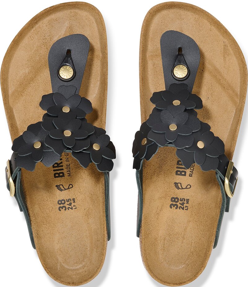 ビルケンシュトック レディース シューズ パンプス サンダル なめし革 Birkenstock Women\u0027s Gizeh Flower Ornament Leather Thong Sandals Black 黒いこと
