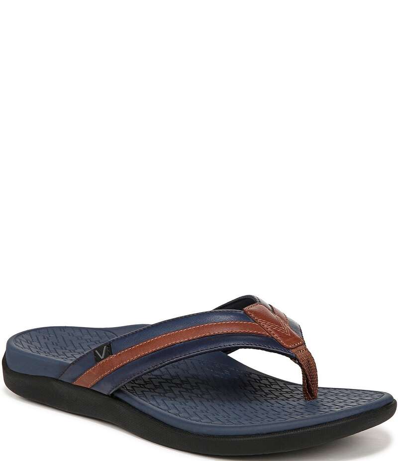 バイオニック メンズ シューズ サンダル レザー Vionic Men Tide II Leather Toe Post Sandals Navy/Brown ネイビー