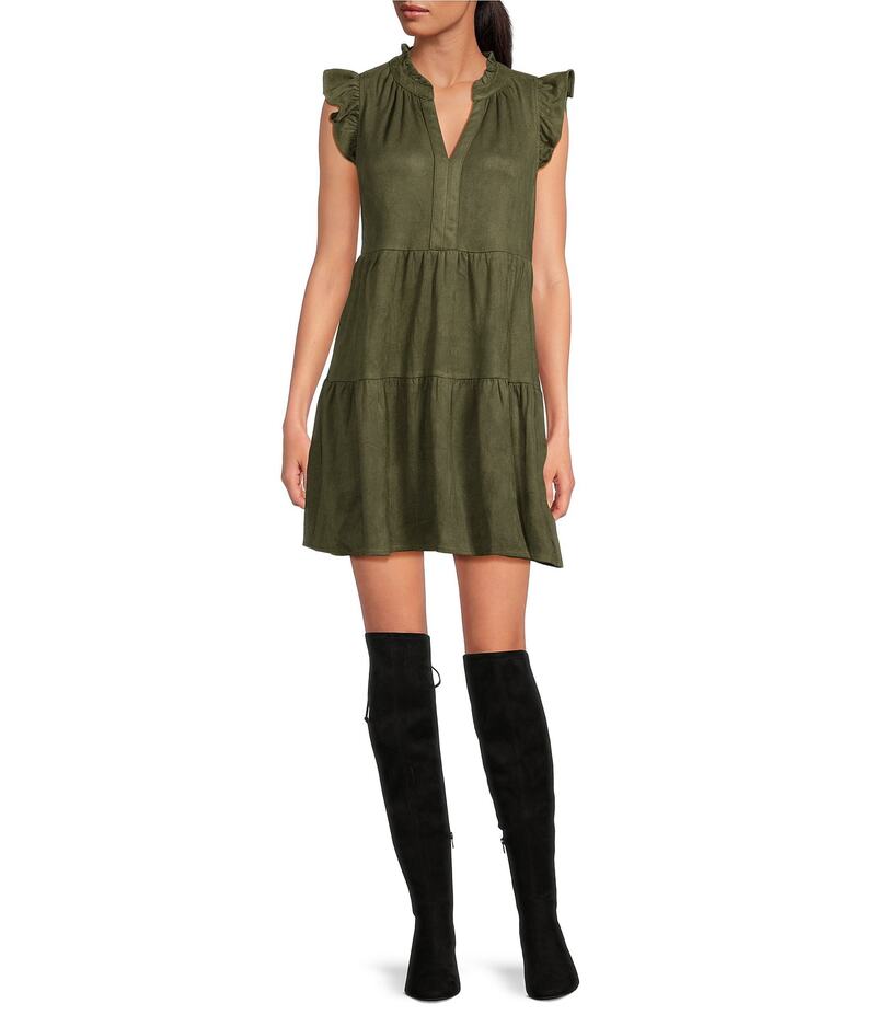 スカイズアブルー レディース トップス ワンピース Vネック フリル スエード キャップ Skies Are Blue Faux Suede Split V-Neck Ruffle Cap Sleeve Tier Dress Olive オリーブ|ReVida 店