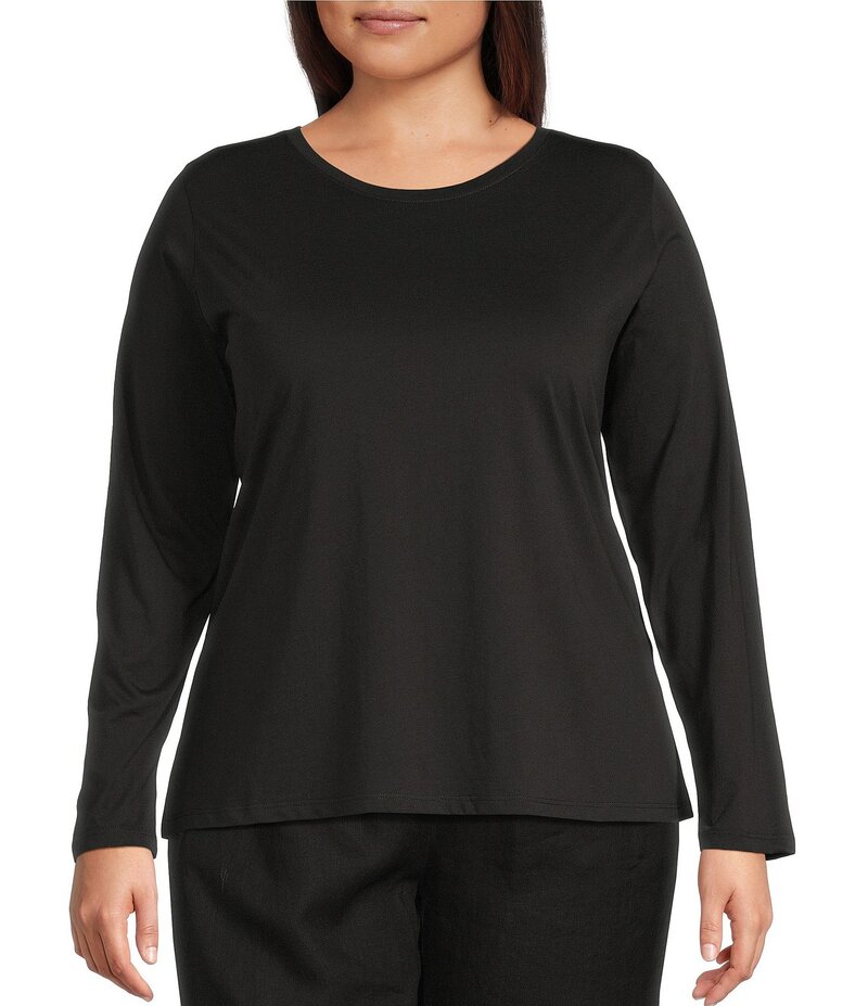 エイリーンフィッシャー レディース トップス シャツ プラスサイズ コットン ニット ジャージー Eileen Fisher Plus Organic Cotton Jersey Knit Round Neck Long Sleeve Top Black ブラック