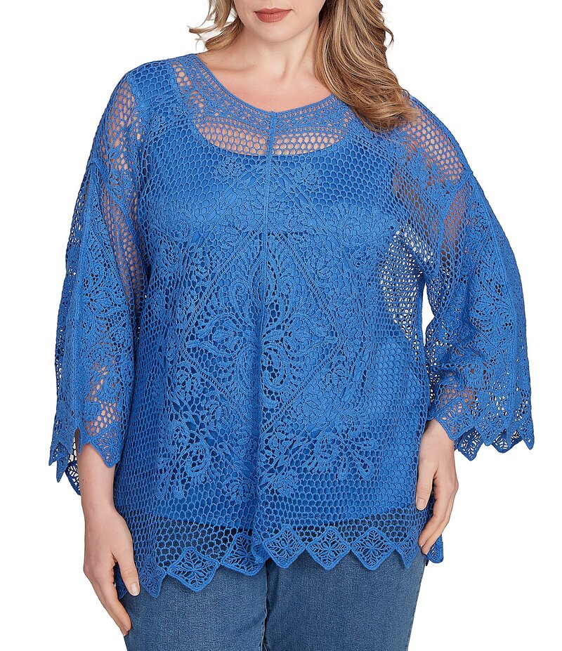 ルビーアールディー レディース トップス シャツ フラワー柄 プラスサイズ フラワー Ruby Rd. Plus Size Crochet Medallion Floral Pattern Scoop Neck 3/4 Wide Flared Sleeve Top Ultramarine
