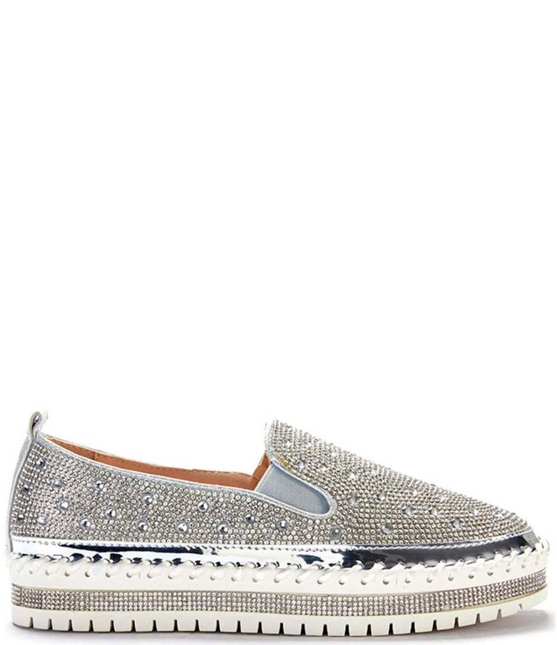 アザレア 一 レディース ボトムス 心地好いズボン下 プラットホーム スニーカー Azalea Wang Brittany Rhinestone Platform Slip-On Sneakers Silver しろがね色 パンツ-ボトムス-レディースファッション