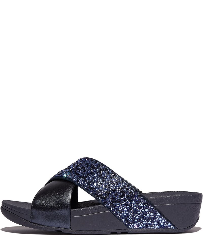 フィットフロップ レディース シューズ サンダル トール Fitflop Lulu Crystal-Mix Metallic Cross Wedge Slides Midnight Navy ネイビー