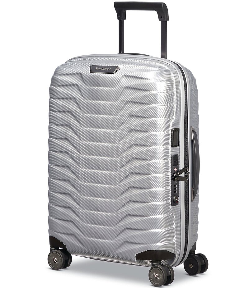 サムソナイト レディース 御徒面子 旅行バッグ Samsonite Proxis Global Carry-On Spinner Suitcase Silver しろがね色