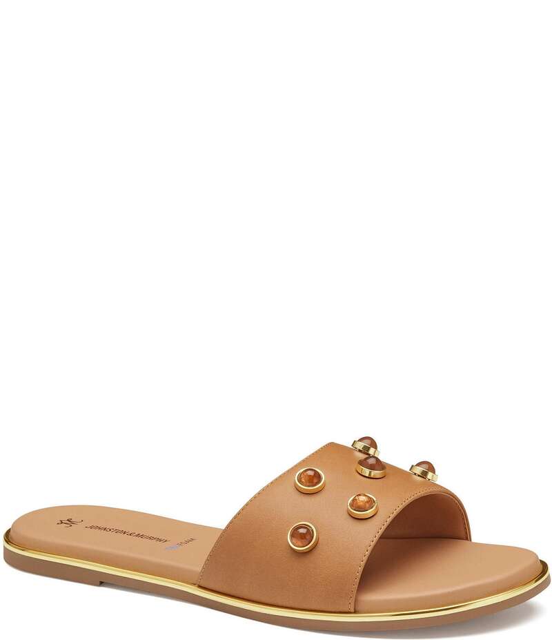 ジョンストンアンドマーフィー レディース シューズ パンプス サンダル レザー Johnston & Murphy Shayla Leather Stud Embellished Slide Sandals Tan タン|ReVida 店