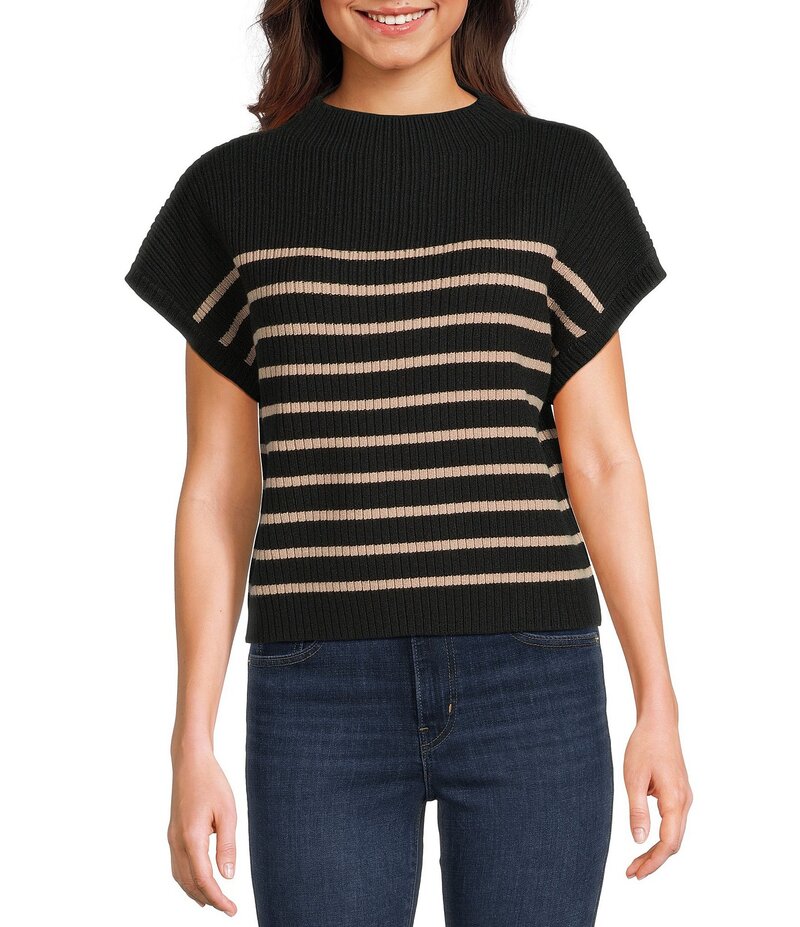 ブルーペッペーブルーペッパー レディース アウター ニット・セーター モックネック セーター Blu Pepper Striped Mock Neck Dolman Short Sleeve Sweater Black ブラック