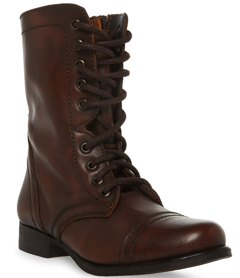 スティーブ マデン レディース シューズ ブーツ・レインブーツ レース レザー Steve Madden Troopa Military Inspired Zipper Lace Up Leather Combat Boots Brown ブラウン