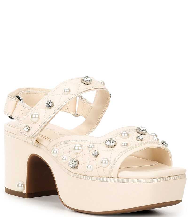 ジャンビニ レディース シューズ サンダル プラットフォーム キルティング レザー Gianni Bini Zoeyy Three Quilted Leather Pearl and Jewel Ornamented Square Toe Platform Sandals Sweet Cream クリーム