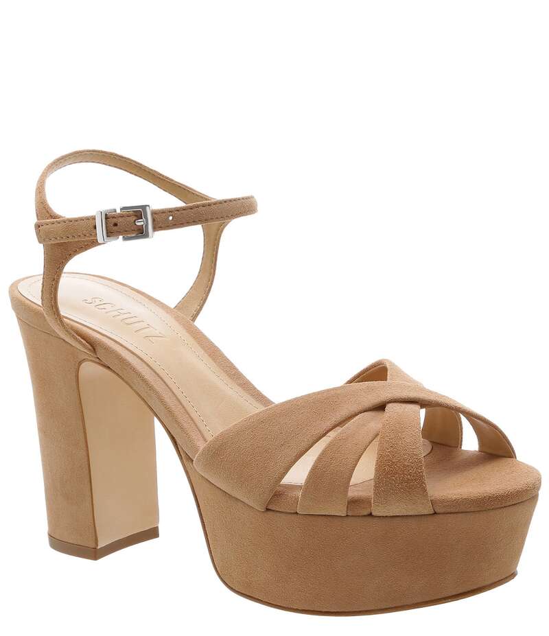 シュッツ レディース シューズ サンダル プラットフォーム スエード アンクル ヒール Schutz Keefa Suede Platform Ankle Strap Block Heel Sandals Honey Beige ベージュ｜ReVida 店