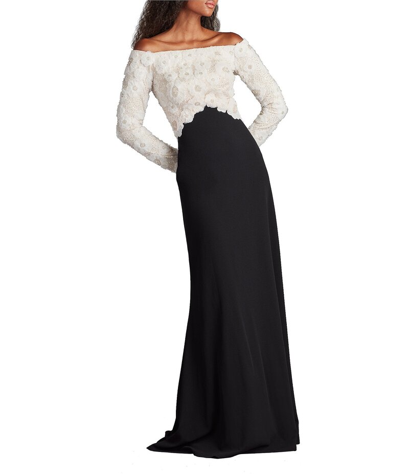 タダシショージ レディース トップス ワンピース クレープ 刺繍 レース Tadashi Shoji Off-The-Shoulder Long Sleeve Embroidered Lace Bodice Crepe Sheath Gown Ivory/Black アイボリー｜ReVida 店