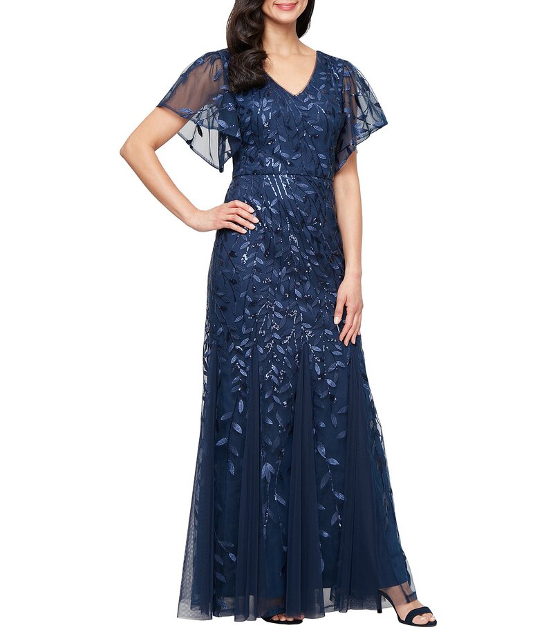 アレックスイブニングス レディース トップス ワンピース Vネック チュール 刺繍 Alex Evenings Short Sleeve V-Neck Embroidered Stretch Tulle Dress Navy ネイビー