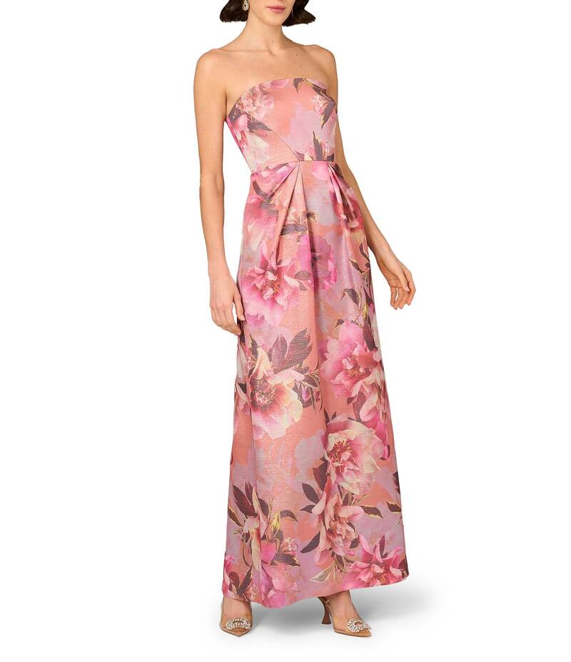 アイダンマットックス レディース トップス ワンピース フラワー柄 プリーツ プリント ストラップレス フラワー Aidan Mattox Strapless Pleated Waist Floral Printed Jacquard Sheath Gown Apricot Multi アプリコット