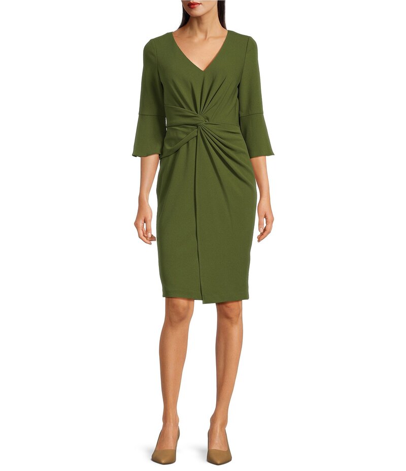 アドリアナ パペル レディース トップス ワンピース Vネック クレープ Adrianna Papell V-Neck Knot Front Crepe Sheath Dress Jungle Olive オリーブ