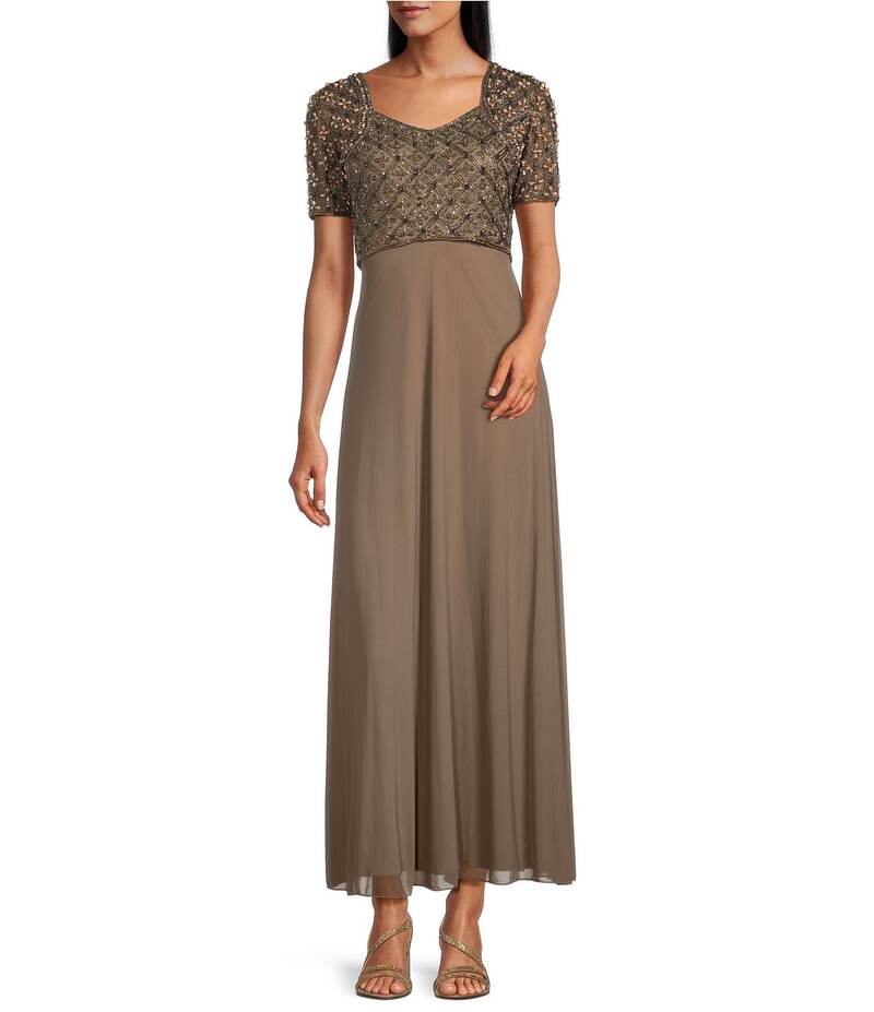 ピサッロナイツ レディース トップス ワンピース Vネック シフォン A ライン Pisarro Nights V-neck Short Sleeve Beaded Bodice Chiffon Aline Gown Mocha モカ