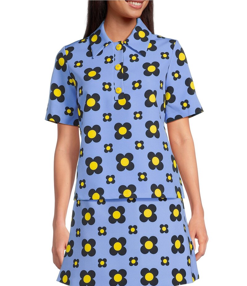 タラジャーモン レディース トップス シャツ プリント Tara Jarmon Tania Coordinating Geometric Daisy Print Horizon Point Collar 3 Button Placket Short Sleeve Shirt Horizon|ReVida 店