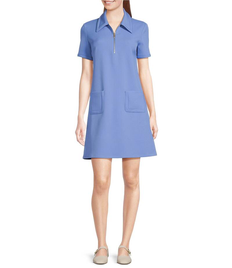 タラジャーモン レディース トップス ワンピース ハーフジップ A ライン Tara Jarmon Rubina Point Collar Quarter Zip Short Sleeve A-Line Dress Horizon｜ReVida 店