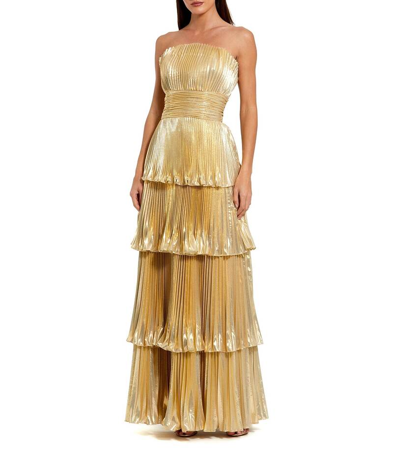 マックダガル レディース トップス ワンピース ティアード A ライン プリーツ メッシュ トール ストラップレス Mac Duggal Metallic Mesh Strapless Pleated Tiered A-Line Gown Gold ゴールド|ReVida 店